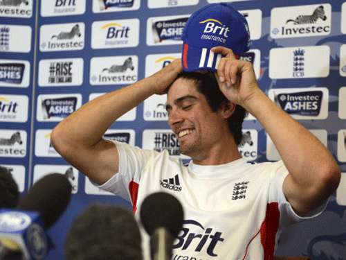 England's captain Alastair Cook reacts during a news conference before Thursday's second Ashes cricket test match against Australia at Lord's cricket ground, London. REUTERS
