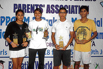 champions all Winners at the KTPPA-MP Prakash memorial AITA Championship Series in Bangalore on Friday. (From left) Pragati Nataraj (girls' U-18 singles & doubles), Rashmika Rajan (girls' U-16), Aditya Anant Gokhale (boys' U-16) and Vasisht C (boys' U-18).