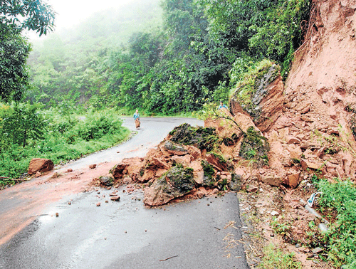 COLLATERAL DAMAGE: Heavy rains resulted in a mudslide at Mekeri near Madikeri in Kodagu district on Friday. dh photo