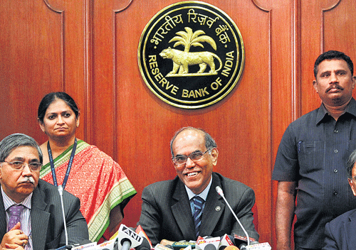 Great expectations: RBI Governor D Subbarao, flanked by the bank's Deputy Governors, addresses the media after a meeting of Central Board of Directors  at RBI Headquarters in Chennai. The treasury bill auctions and bond sales by RBI&#8200;last week to arrest the rupee slide fell well below their target. PTI