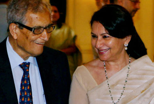 Nobel laureate Amartya Sen with actress Sharmila Tagore during presentation of a copy of the book 'The New Bihar - Rekinding Governance & Development' at the Rashtrapati Bhavan' edited by NK Singh and Nicholas Stern in New Delhi on Sunday. PTI Photo by Shahbaz Khan