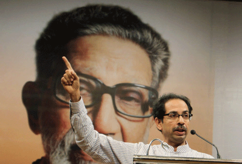 Shiv Sena President Uddhav Thackeray addressing party workers on the 47th foundation day of the party in Mumbai . PTI photo