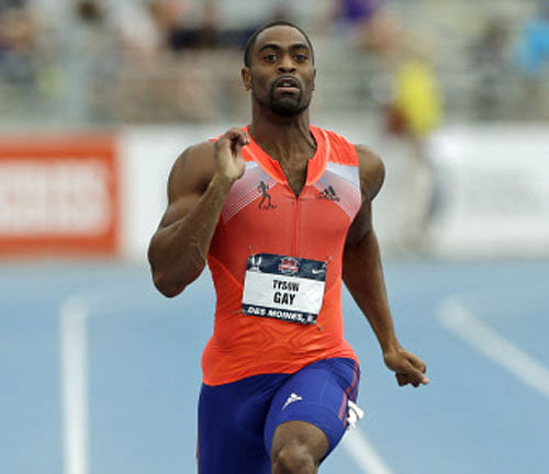 FILE - In this June 23, 2013, file photo, Tyson Gay runs to the finish line to win the senior men's 200-meter dash final at the U.S. Championships athletics meet in Des Moines, Iowa. Gay failed more than one drug test this year, recording one of his positives at the U.S. championships, where he won the 100 and 200 meters in June, The Associated Press learned on Friday, July 26, 2013. AP Photo