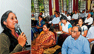 Rachna Singh Puri, Partner, Xellect IP Solutions, Bangalore, delivers a talk on 'Use of Patents in Business,' at sensitisation programme on 'Intellectual Property Rights,' in Mysore, on Monday. (Right) Participants of the sensitisation programme. dh photo