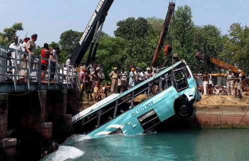 Rescue work is carried out after a Punjab roadways bus fell into Bhakra Canal at Sirhind in Fatehgarh Sahib on Wednesday. PTI Photo