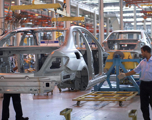 Production in progress of Mercedes-Benz E Class Saloon in Pune on Thursday. PTI