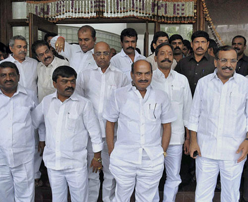 A group of MLAs and MLCs who resigned in protest against bifurcation of the state for creation of Telangana, at a press conference in Hyderabad on Thursday. PTI Photo