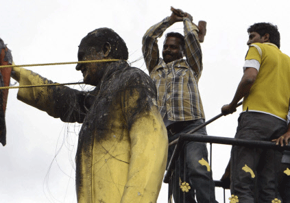 Former prime minister Rajiv Gandhi's statue vandalized by anti Telangana protestors against the announcement of separate Telangana state at Kurnool in Andhra Pradesh . PTI Photo