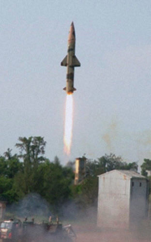 Indigenously built nuclear capable ballistic missile Prithvi-II being successfully test-fired from the Integrated Test Range at Chandipur, Balasore on Monday. PTI Photo