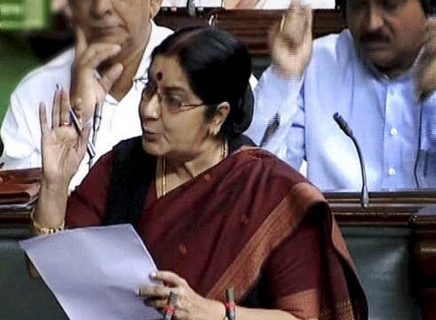 Opposition leader Sushma Swaraj speaks in the Lok Sabha in New Delhi on Tuesday during ongoing monsoon session. PTI Photo