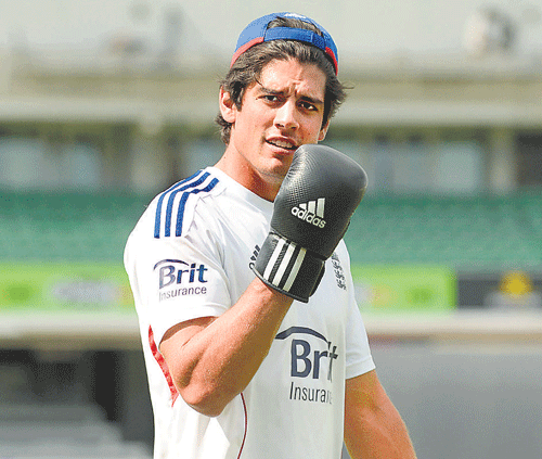 eyeing a knock-out punch: Alastair Cook during a practice session at The Oval. REUTERS