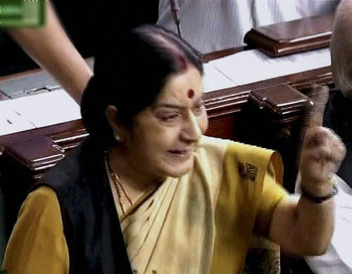 Opposition leader Sushma Swaraj speaks in the Lok Sabha in New Delhi on Thursday during the ongoing monsoon session. PTI Photo