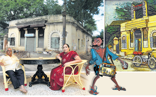 1. The dilapidated Dewar's Bar building today 2. Paul Fernandez's illustration of the place inspired this Paul Thomas fibre glass 3D freeze replica 3. Dewar's last owner, Varadaraj with his wife on chairs and table that originally belonged to Dewar's