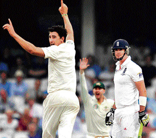hozzat! Australia's pacer Mitchell Starc appeals successfully for the wicket of Kevin Pietersen in the fifth and final Ashes Test at the Oval on Friday. AFP