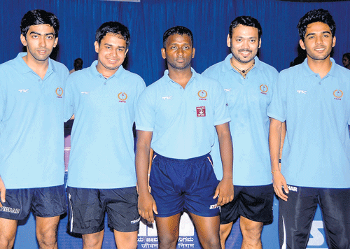 champions: Petroleum Sports Promotion Board (PSPB) men's team, winners of the Inter-Institutional table tennis title, (from left): Harmeet Desai, Soumyajit Ghosh, Anthony Amalraj, Soumyajit Roy, Sanil Shetty. dh photo