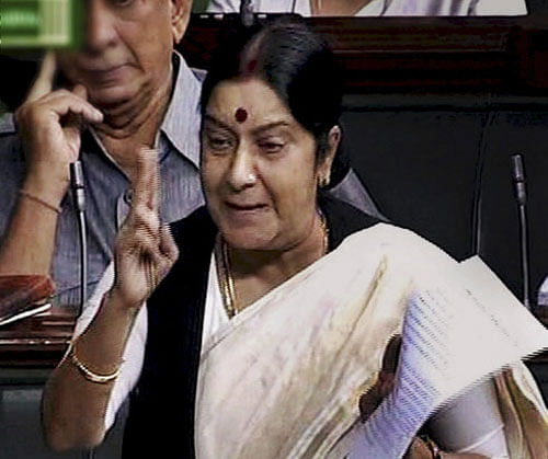 Opposition leader Sushma Swaraj speaks in the Lok Sabha in New Delhi on Monday during ongoing monsoon session. PTI Photo