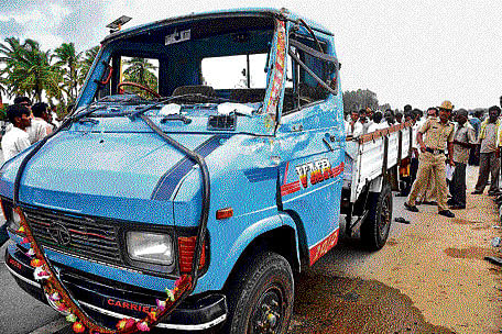 tragedy on wheels: The Tempo that was damaged after it hit a lorry, killing seven people, near Kolar on Monday. KPN