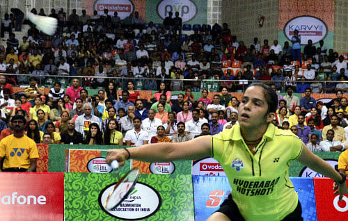 Saina Nehwal of Hyderabad Hotshots during the match against Schenk Juliane of Pune Pistons at the women's Semi final at IBL 2013 in Hyderabad on Wednesday. PTI Photo