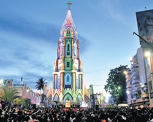 Devotees gather at the St Mary's Basilica in Shivajinagar on Thursday, the first day of the  annual nine-day prayer preceding the feast of St Mary. DH Photo