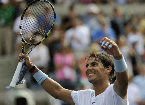 Rafael Nadal, of Spain, reacts after defeating Ivan Dodig, of Croatia, during the third round of the 2013 U.S. Open tennis tournament, Saturday, Aug. 31, 2013, in New York. AP photo