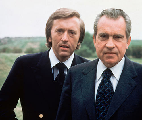 File - Former US President Richard M. Nixon, right, with broadcaster David Frost in California in this 1977 file photo. Sir David Frost has died at the age of 74 his family said in a statement Sunday Sept. 1 2013. AP Photo