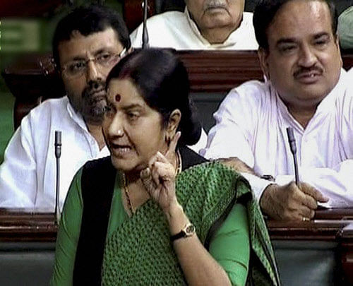 Leader of Opposition Sushma Swaraj speaks in Lok Sabha during ongoing monsoon session in New Delhi on Wednesday. PTI Photo