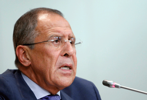 Russia's Foreign Minister Sergei Lavrov speaks during a news conference, dedicated to the military conflict in Syria, in Moscow August 26, 2013. Lavrov said on Monday any military intervention in Syria without a mandate from the United Nations would be a grave violation of international law. REUTERS