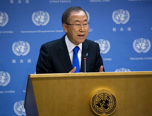 United Nations Secretary-General Ban Ki-moon addresses members of the news media Monday, Sept. 9, 2013, at the United Nations. Ban is urging Syria to immediately agree to transfer chemical weapons and chemical precursors to a safe place within the country for international destruction. AP Photo