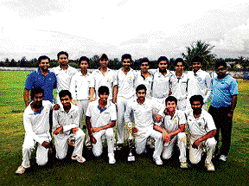 champions Combined XI, winners of the KSCA inter-zonal (under-19) tournament. STANDING (from left): Shriranga (physio), Prateek Jain, KL Srijith, Sahil Saleem, S Rakshith, Shashank Mittal, Nadeem Khan, Suraj S, Sharath BR, Vijay Madyalkar (coach). SQUATTING: Shimon Luiz, Tilak Karthik, Raj Gala, KN Bharath (capt), Pranav Vajapeyam, Pratap D.
