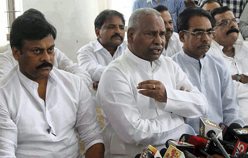 Union Ministers KS Rao and K. Chiranjeevi and Congress MPs from Seemandhra addressing the media in Hyderabad on Saturday after a meeting over the proposed carving out of separate Telangana state. Seemandhra people are opposing the bifurcation of the AP State. PTI Photo