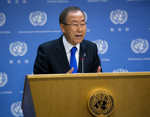 United Nations Secretary-General Ban Ki-moon addresses members of the news media Monday, Sept. 9, 2013, at the United Nations. Ban is urging Syria to immediately agree to transfer chemical weapons and chemical precursors to a safe place within the country for international destruction. (AP Photo