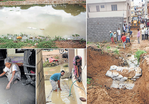 (Clockwise from top left) The Gangaiah Shetty tank in KR Puram. Sand bags have been placed to arrest flow of water in the canal. Residents empty water that entered their houses. DH&#8200;Photos