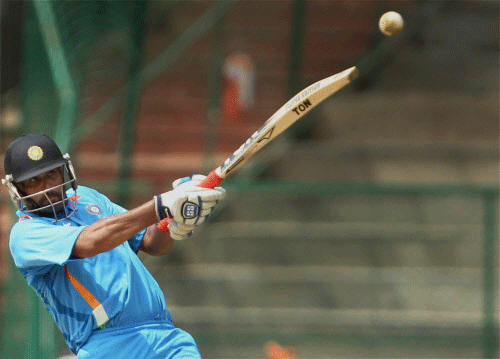 India A player Yusuf Pathan plays a shot against West Indies A during the 1st unofficial ODI at Chinnaswamy Stadium in Bengaluru on Sunday. PTI Photo