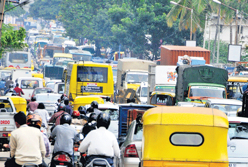 nightmare There's bumper-to-bumper traffic all the time on Bannerghatta Road. DH Photo by Janardhan BK
