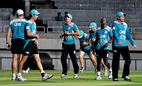 Players of Brisbane Heat during the practice session for Champions League T20 at Jharkhand State Cricket Association (JSCA) Stadium in Ranchi on Wednesday. PTI Photo