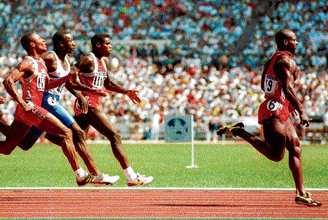 run of shame: Ben Johnson leaves his rivals way behind as he races to the finish at the 1988 Seoul Olympics.