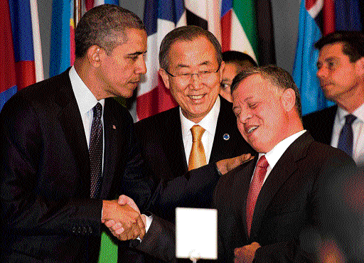 BIG QUESTION: US President Barack Obama shakes hands with the King of Jordan Abdullah II Bin Al Hussein as UN Secretary General  Ban Ki-moon looks on at the 68th Session of the United Nations General Assembly on Tuesday in New York. AFP