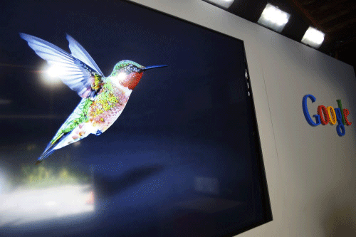 A logo of Google's 'Hummingbird' search algorithm is pictured at the garage where the company was founded on Google's 15th anniversary in Menlo Park, California. Reuters