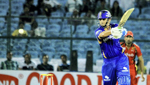 Jaipur: Rajasthan Royals Rahul Dravid plays a shot during CLT20 match against Highveld Lions in Jaipur on Wednesday. PTI Photo