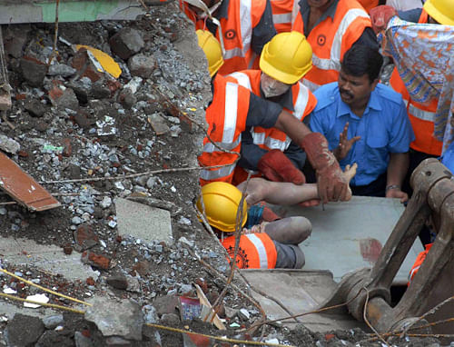 Rescue work in progress on the 2nd day on Saturday after a BMC building collapsed in Mazgaon area in Mumbai. PTI Photo