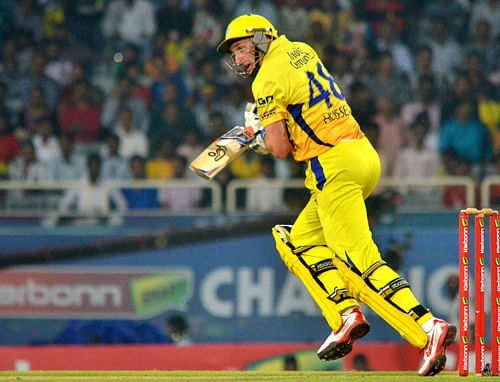 Chennai Super Kings batsman M Hussey plays a shot during during the CL T20 match against Sunrisers Hyderabad in Ranchi on Thursday. PTI Photo