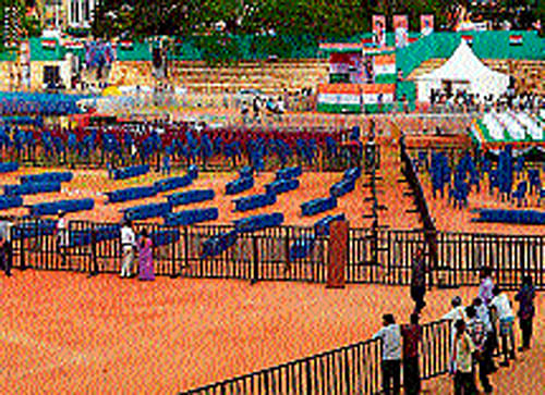 Visvesvaraya stadium being readied prior to UPA chairperson, Sonia Gandhi's visit, in Mandya on Sunday. DH&#8200;PHOTO