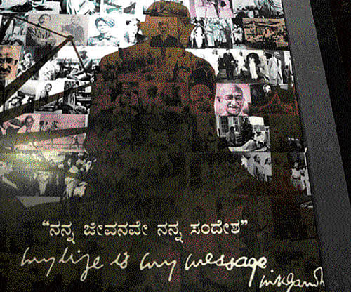 glimpses from the past: Posters on Gandhi under the  title 'My life is my message' are on display at the Rangoli Art Centre, Namma Metro station, on MG Road on the eve of Gandhi Jayanti on Tuesday. dh photo