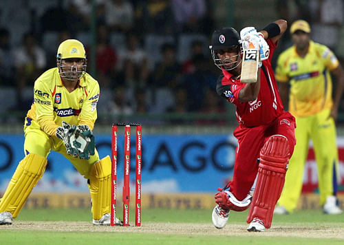 Trinidad & Tobago's Simmons plays a shot against Chennai Super Kings during the Champions League T20 match in New Delhi on Wednesday. PTI Photo