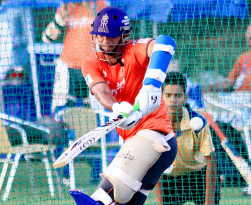 Rajasthan Royals' skipper Rahul Dravid bats during a practice session in Jaipur on Thursday. PTI Photo