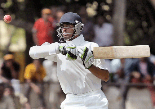 India A cricketer Uday Kaul plays a shot against West Indies A during the 3rd day of the 2nd unofficial test match at Shimoga on Friday. PTI Photo