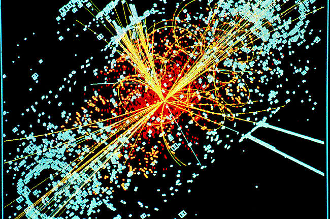 An example of simulated data modeled for the CMS particle detector on the Large Hadron Collider (LHC) at CERN. Here, following a collision of two protons, a Higgs boson is produced which decays into two jets of hadrons and two electrons. The lines represent the possible paths of particles produced by the proton-proton collision in the detector while the energy these particles deposit is shown in blue.