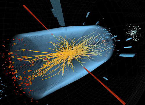 File: This undated image made available by CERN shows an experimental result in the search for the Higgs particle. The red lines depict traces of two high-energy photons. The yellow lines show tracks of other particles produced in the collision. The Royal Swedish Academy of Sciences cited the two scientists for the 'theoretical discovery of a mechanism that contributes to our understanding of the origin of mass of subatomic particles.' (AP Photo/CERN, File)