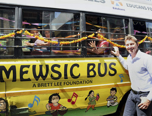 Australian cricketer Brett Lee at the Australian High Commission after launching his Mewsic Bus and Education Program in New Delhi on Wednesday. PTI Photo