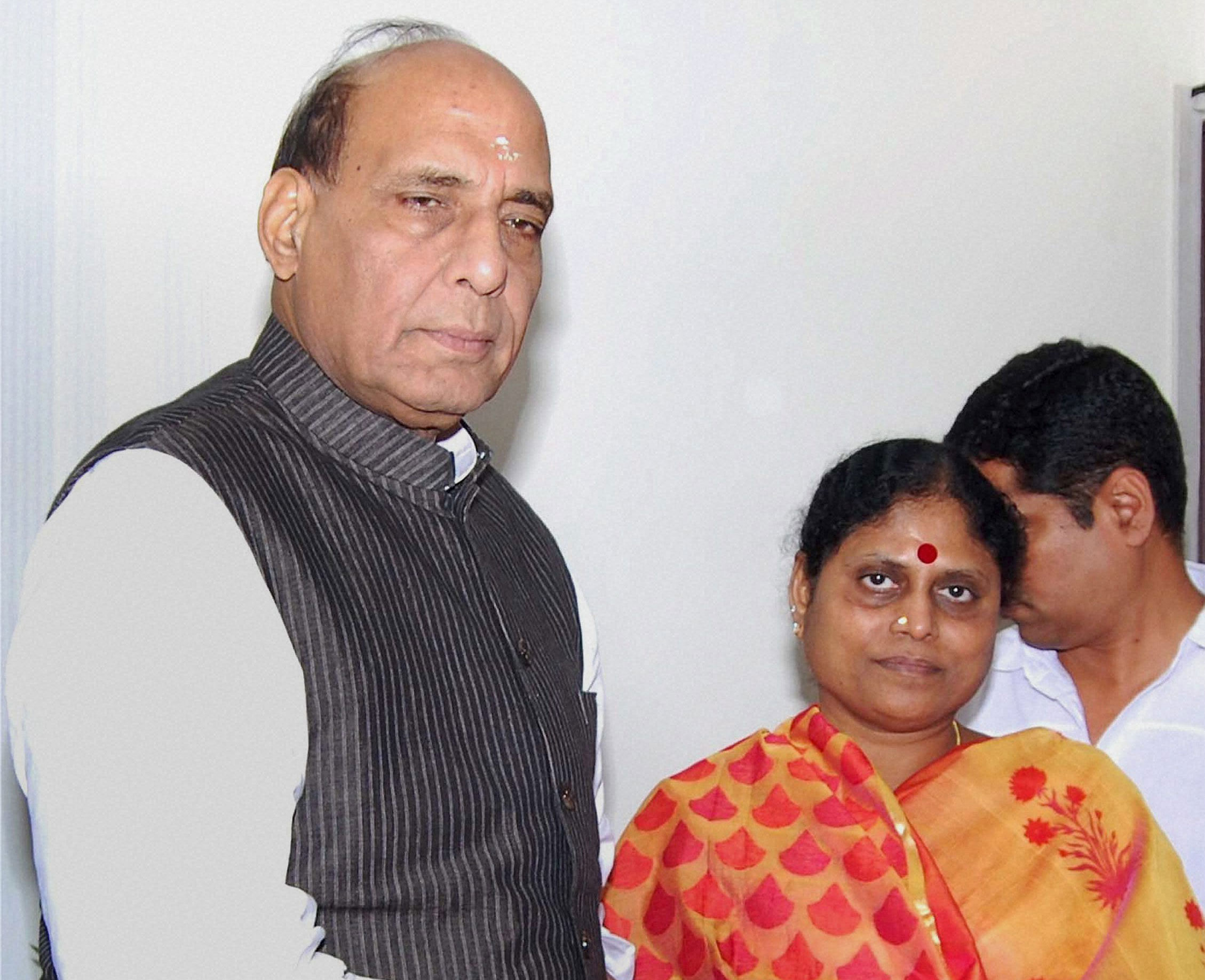 A YSR Congress Party leader YS Vijayamma meeting BJP President Rajnath Singh over Telangana issue in New Delhi on Wednesday. PTI Photo